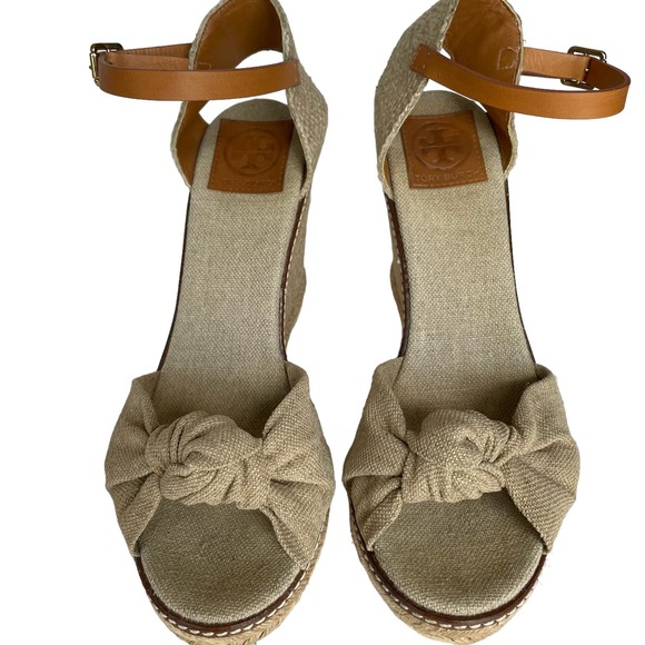Tory Burch Macy Metallic Linen Peep Toe Knotted Band Espadrille Wedge Heel sz 10 - Picture 7 of 14